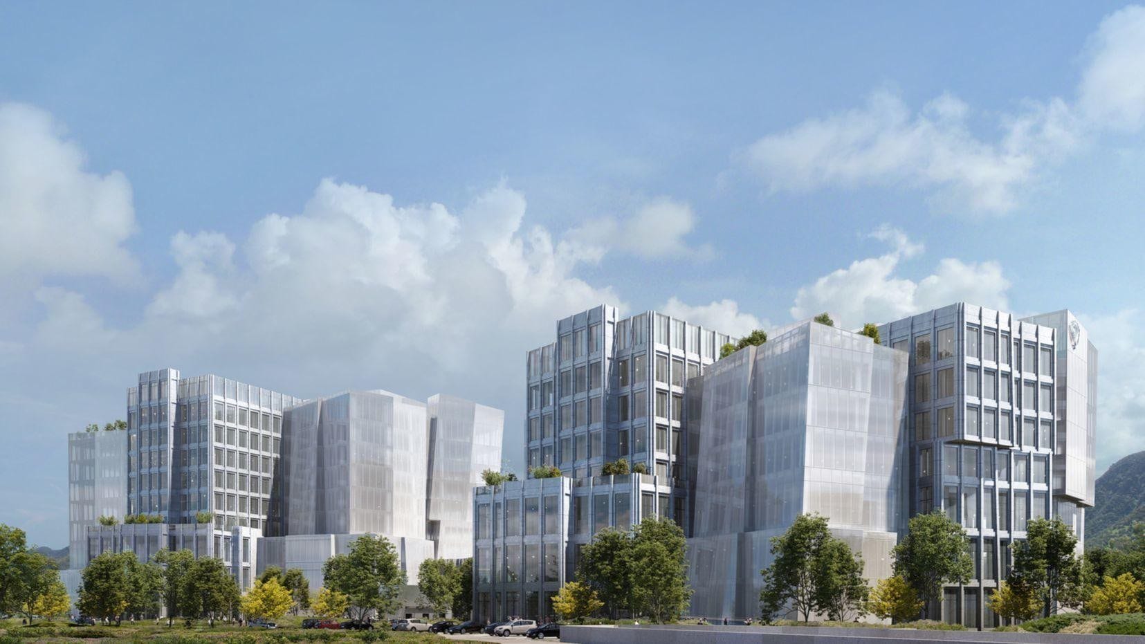 Rendering of the Warner Bros. headquarters buildings with their folded metal façades
