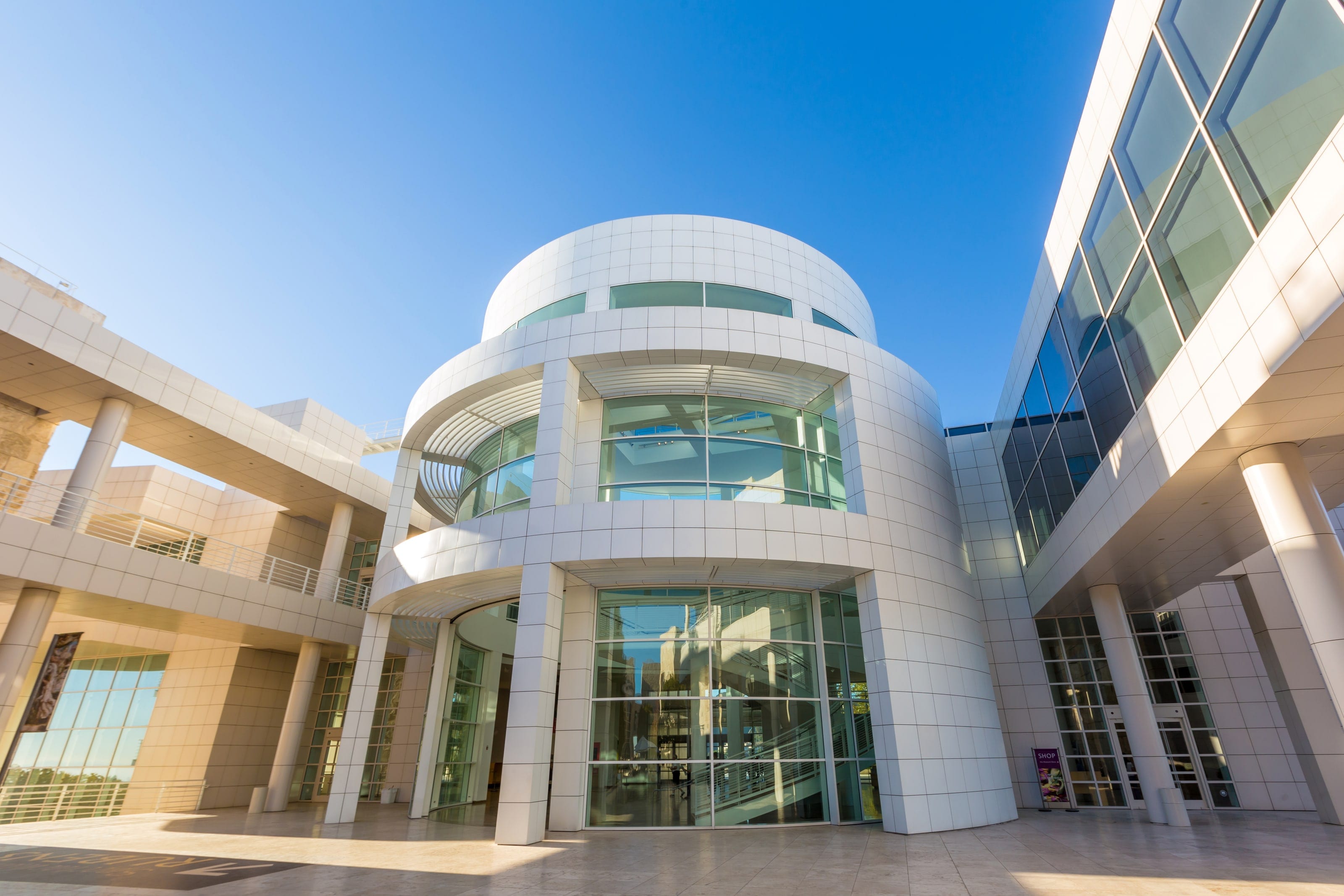 The Getty Center's round white entrance pavilion with curved glazing