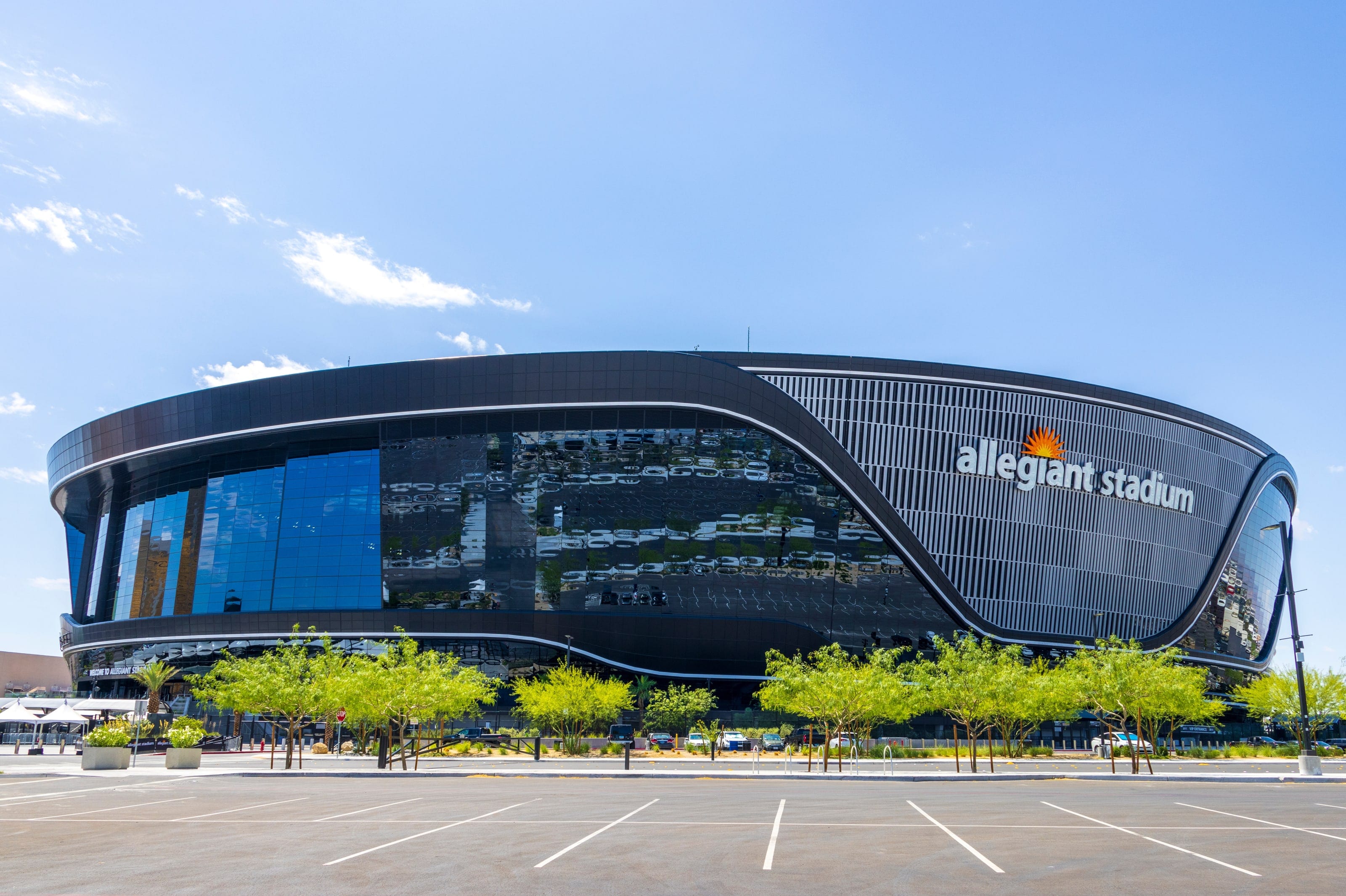 Allegiant Stadium's black glass and metal exterior in Las Vegas