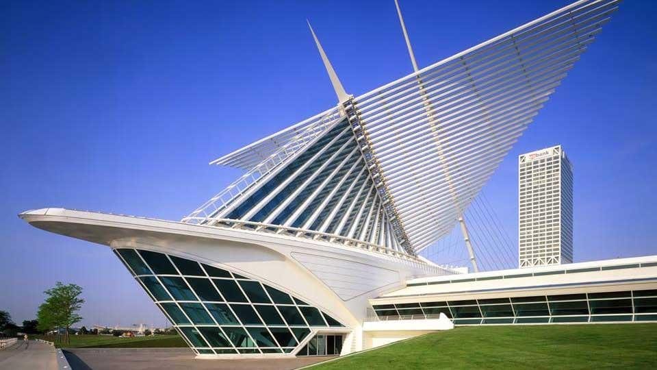 Milwaukee Art Museum's curved glazed entrance hall under its wings