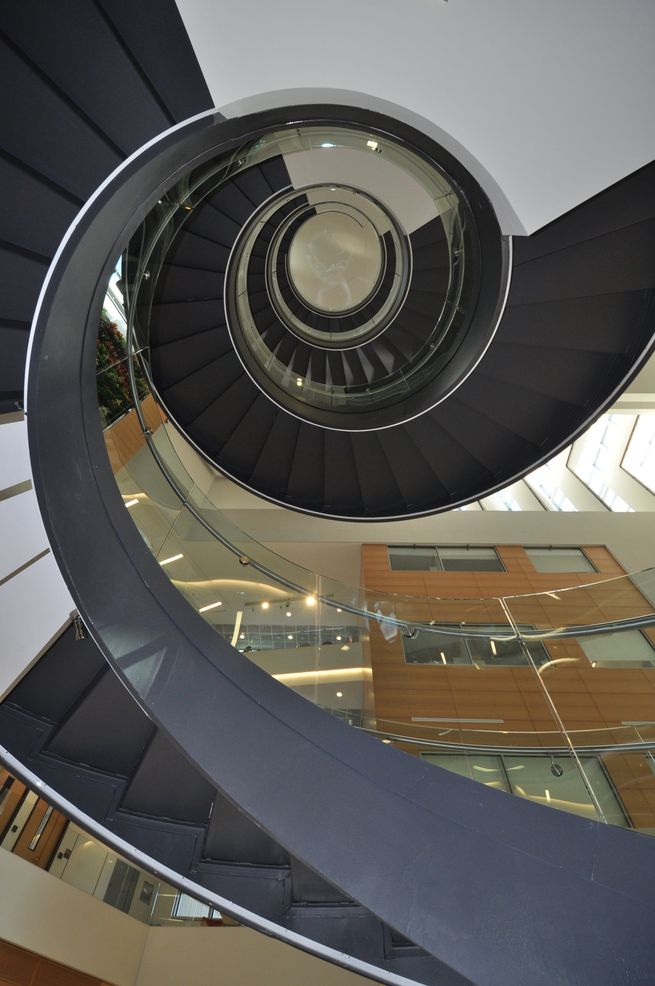 The curved stringer and glass rail of a Drexel University helical stair, seen from above