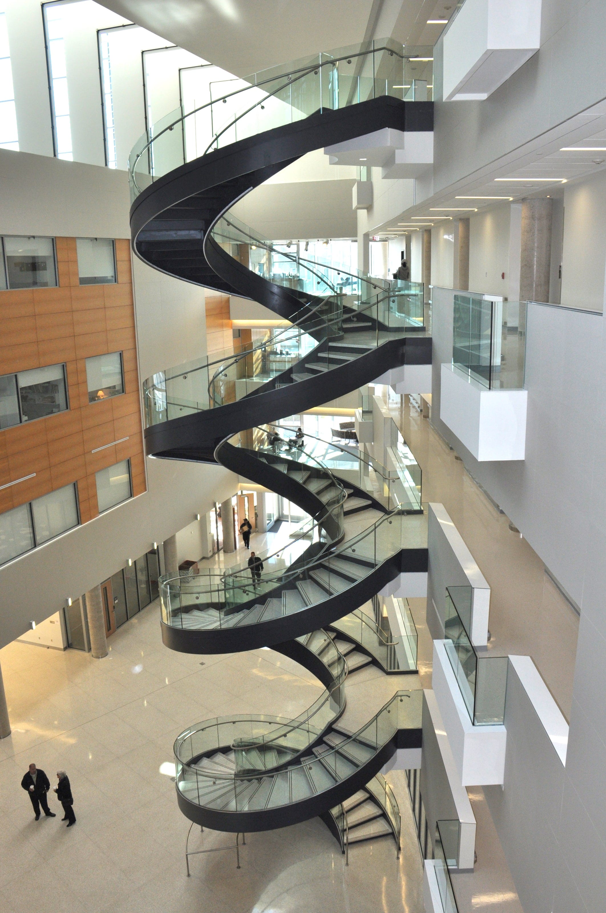 Helical stairs stacked floor above floor in Drexel University's atrium